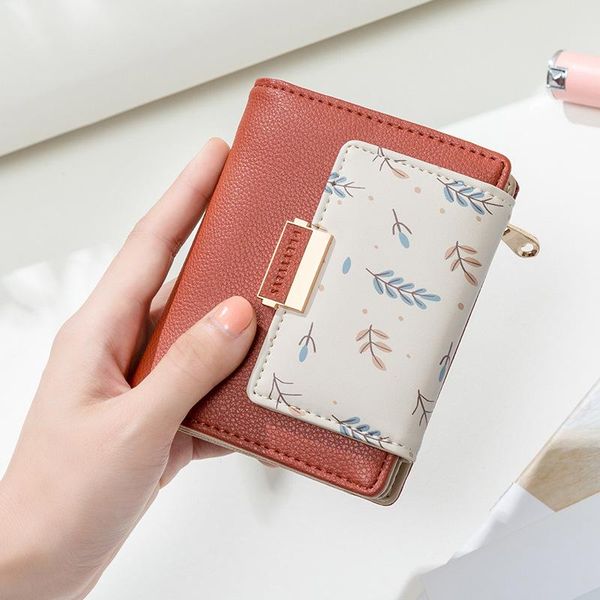 

wallets 2021 style leaves printed women's purse cute color matching short wallet, Red;black