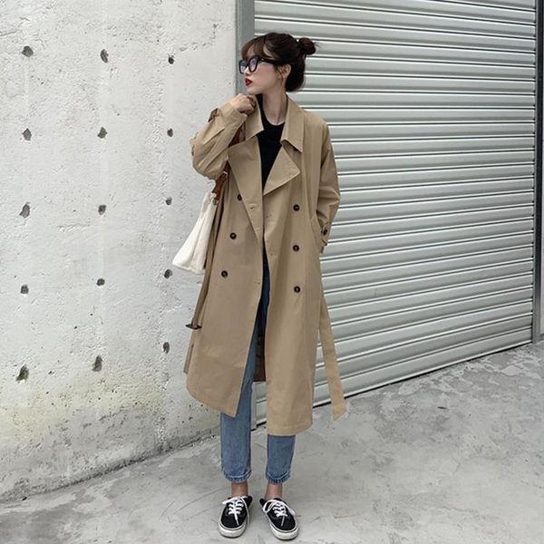 

women's trench coats long over-the-knee windbreaker for women 2021 spring korean british temperament fashion jacket all-match loose pre, Tan;black