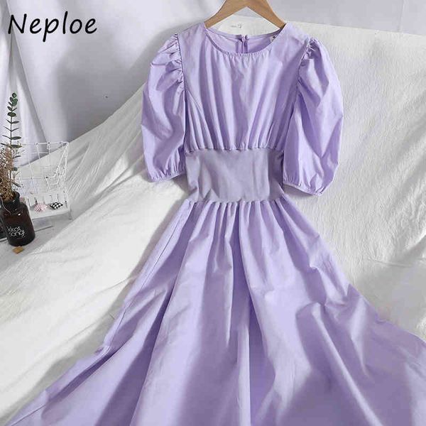 

neploe o neck pullover short sleeve dress women high waist hip a line long vestidos summer candy color robe slim 210510, Black;gray