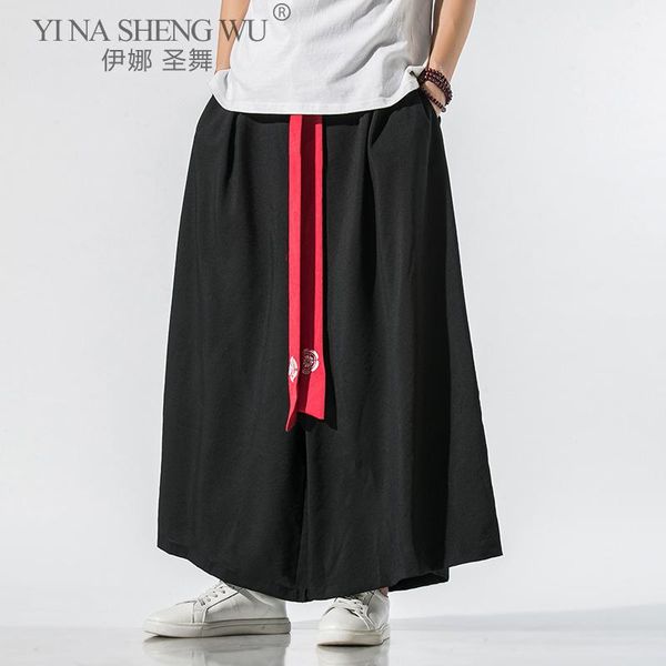 

men kimono wide leg pants mens cotton joggers retro loose trousers man chinese style male large size casual ethnic clothing, Red