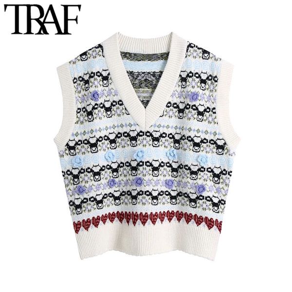 

traf women fashion floral jacquard loose knitted vest sweater vintage v neck sleeveless female waistcoat chic 210415, White