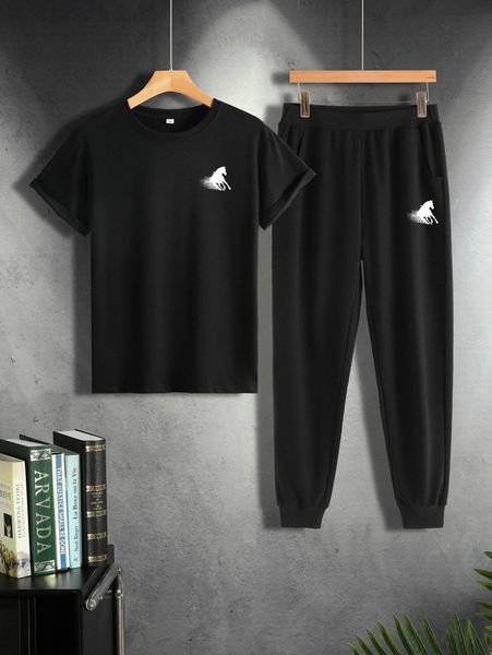 

men horse print tee & sweatpants v0vg#, Gray