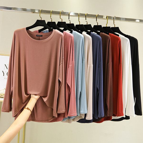 

women's t shirt modal round neck long sleeve bottoming spring and summer mid casual loose large thin top, White