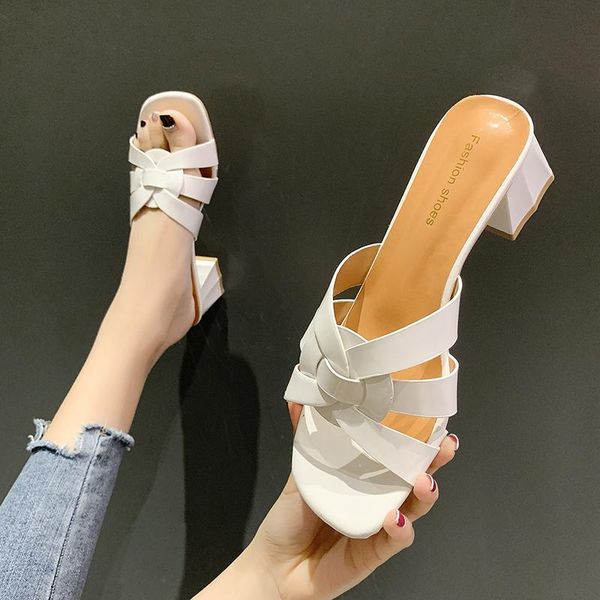 

slippers shoes ladies' luxury slides slipers women square heel heeled mules designer summer 2021 block soft high rome rubber pu, Black