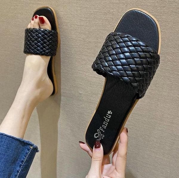 

summer slippers women pu weave flats woman open toe square head flat sandal female flip flops comfort beach shoes, Black