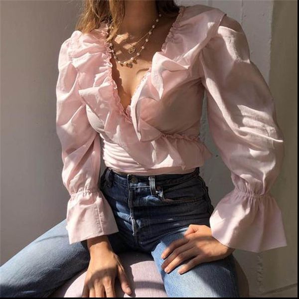 

chiffon ruffle sweet frilly women blouses v neck long sleeve cute fashion casual shirt stylish, White