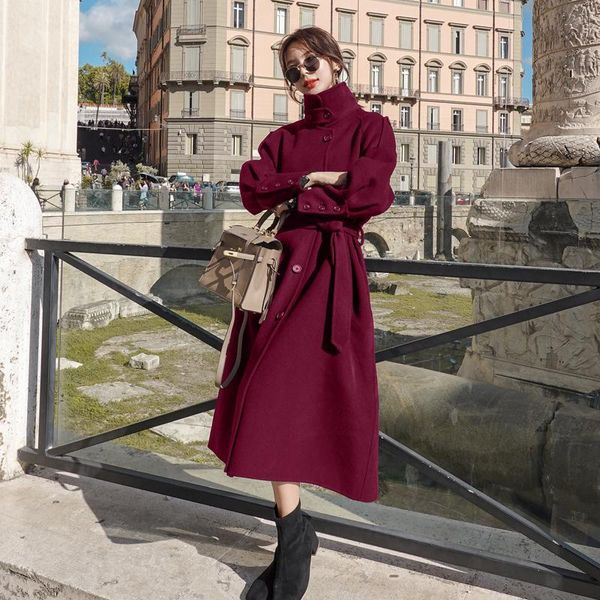 

women's wool & blends loose casual belt women woolen jacket 2021 fashion winter long single-breasted imitation cashmere coats, Black