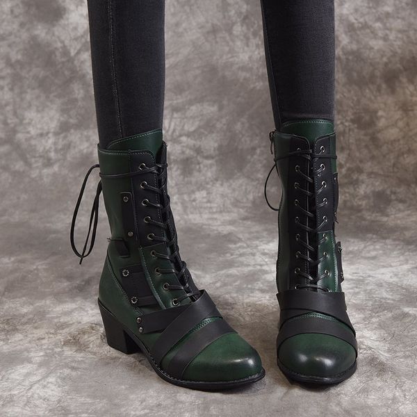 

414243 size autumn and winter european and american new retro large size thick heel womens leather boots pointed mid heel strap mid-calf mar, Black