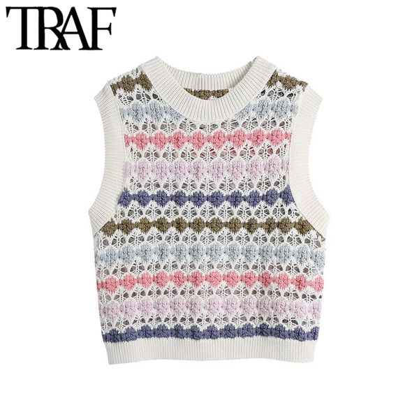 

traf women fashion hollow out cropped knitted vest sweater vintage o neck sleeveless female waistcoat chic 210415, White