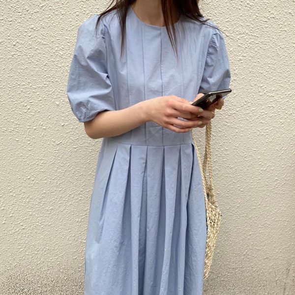 

casual dresses dress women clothesgentle temperament soft milk blue round neck pleated high waist show thin bubble sleeve swing long skirt 4, Black;gray