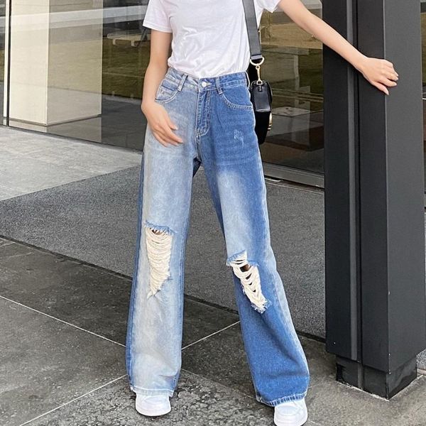 

women's jeans high waist for women blue straight ripped pants full length hole mom denim wide leg loose streetwear trousers