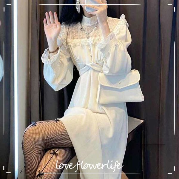 

french lace vintage dress women fashion puffer sleeve elegant dress korean spring high street slim midi dress y2k 210521, Black;gray