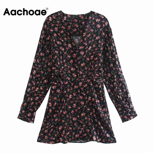 

aachoae v neck elegant floral print dress batwing long sleeve vintage mini dress pleated black color casual lady dresses 210413, Black;gray