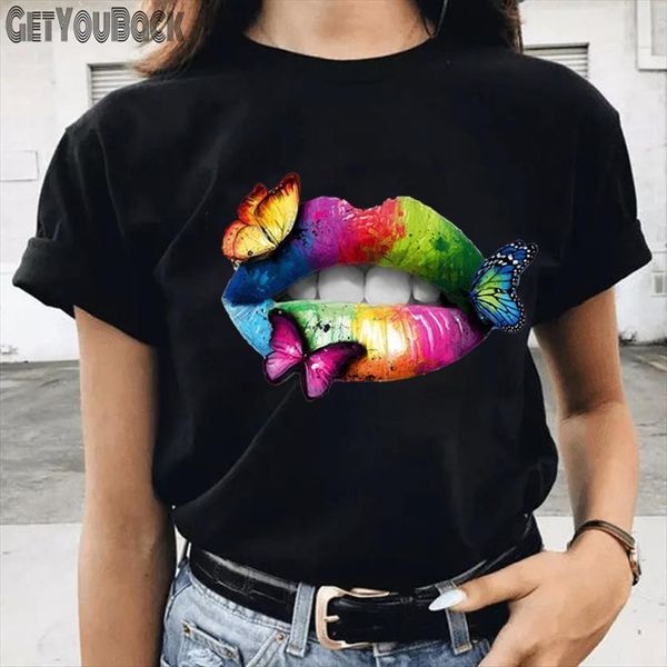 

rainbow lip and butterfly womens t shirt vintage girl anime harajuku 90s comic tee female clothes,drop ship, White