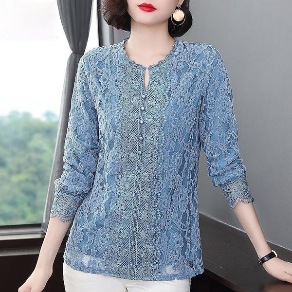 

women's blouses & shirts large size loose women 2021 autumn lace shirt fashion casual round neck long sleeve cloths, White