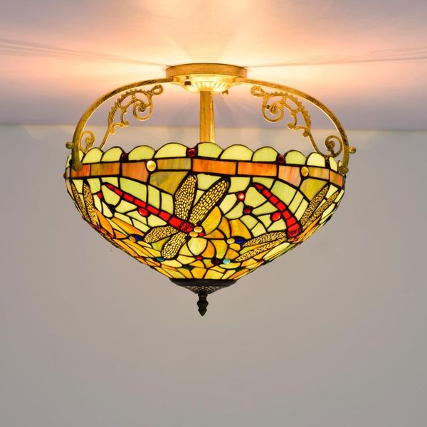 

ceiling lights 40cm european-style retro green base dragonfly colorful glass restaurant bedroom corridor lamp