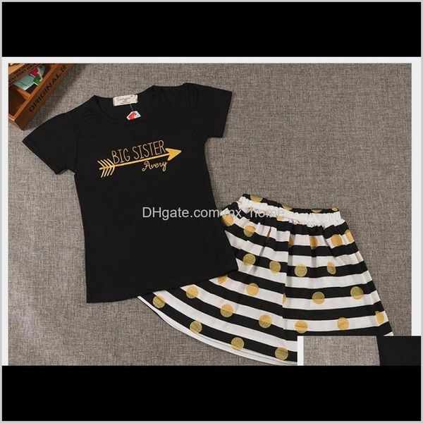 Летняя милая девушка для девочек Письма напечатанные футболки The Tops полоса Golden Plyka Dots Skirt 2 шт. Установить Детские наряды Детские Hel8 QF9LT