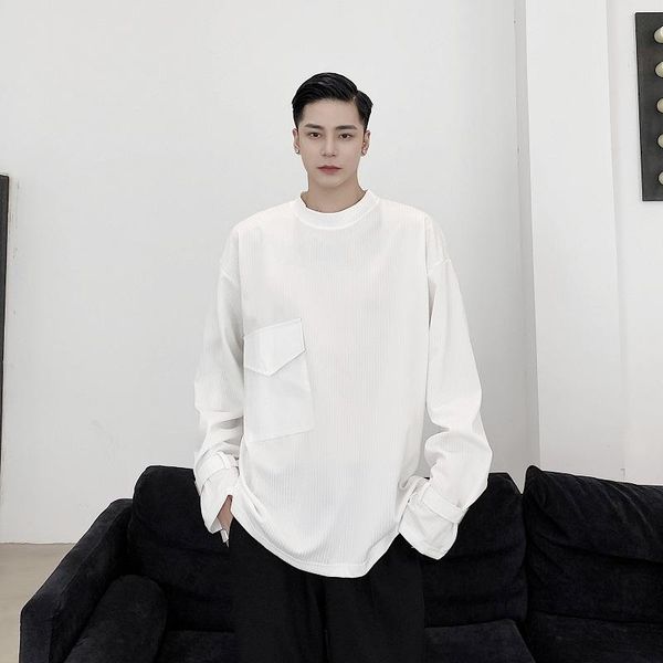 

men's fashion round collar long sleeve loose t-shirt youth casual oversize black white f2 t-shirts, White;black