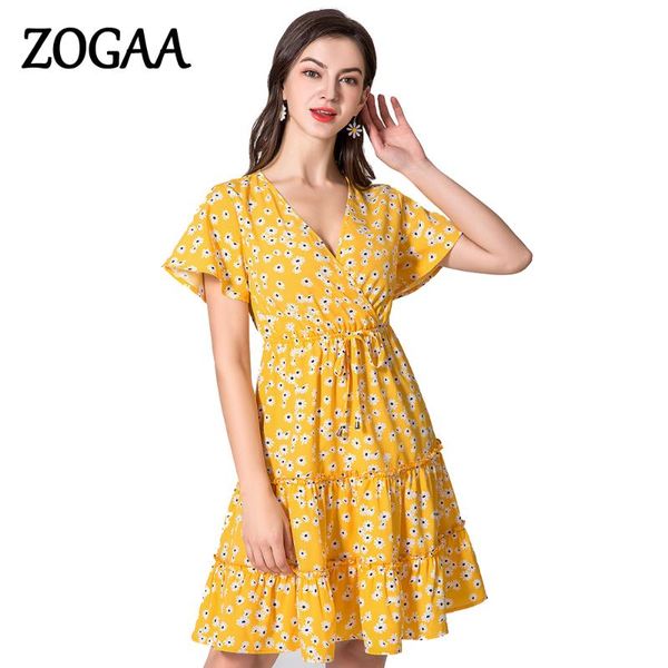 

casual dresses women summer wear yellow floral print dress lantern short sleeve pleated v neck beach sundress female roupa feminina, Black;gray