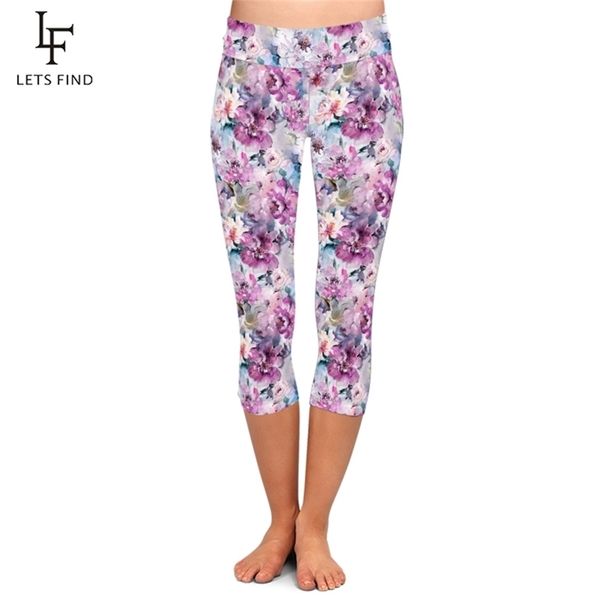 

letsfind summer beautiful flowers print leggings high waist plus size soft and comfortable fitness mid-calf 211204, Black