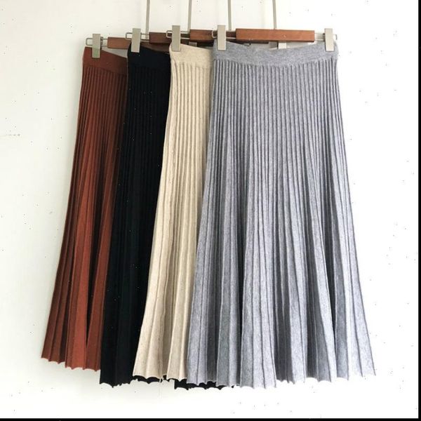

autumn classic calf long rib women skirt knitted korean retro pleated a line swing knit skirts gray beige, Black