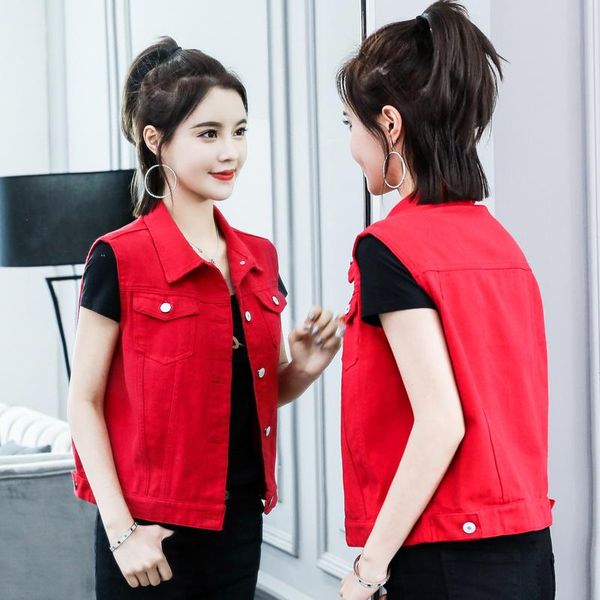

women's vests #3350 red blue short denim vest women single breasted casual slim jeans female sleeveless jacket ladies summer coat, Black;white