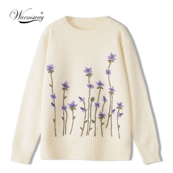 

girly embroidery purple floral pullover sweater o-neck long sleeve fall winter loose pullover c-103 210917, White;black