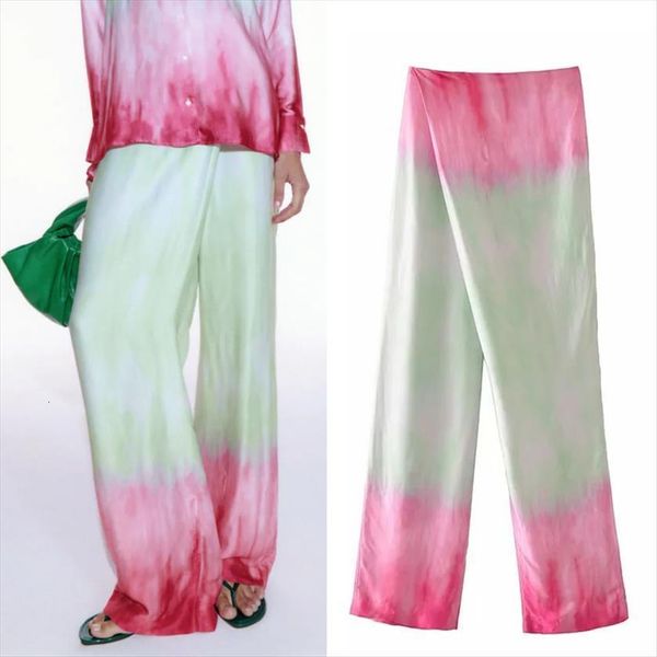 

za tie dye high waist women pant wide leg trousers summer wrap satin streetwear casual loose sets, Black;white