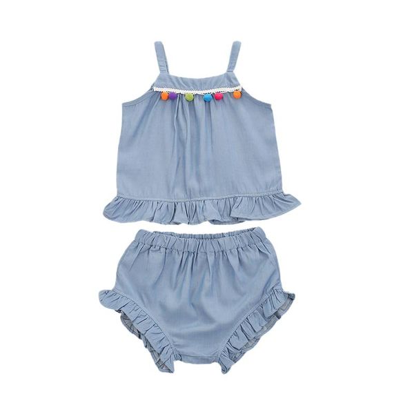 

clothing sets 2021 3-24m baby girl set poms tassels sleeveless vest+ruffle shorts cute summer solid outfits 2pcs, White