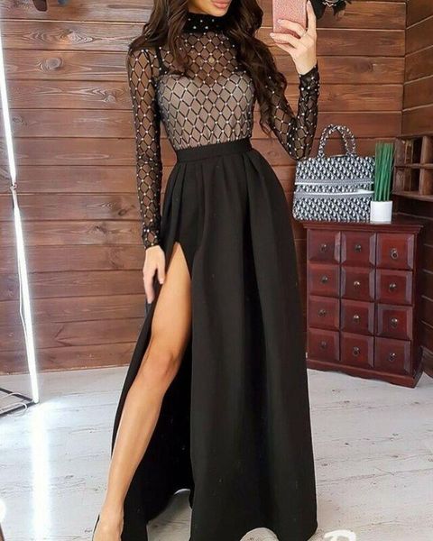 

black rhinestone mesh party sequins patchwork dress women long sleeve hollow out bodycon outwear nightclub dresses casual, Black;gray