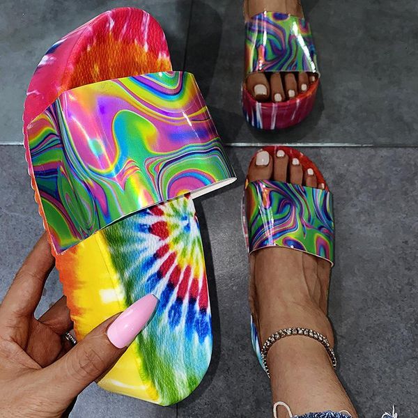 

slippers summer women flat platform women's plus size print rainbow color woman outdoor beach shoes ladies slides oqeu, Black