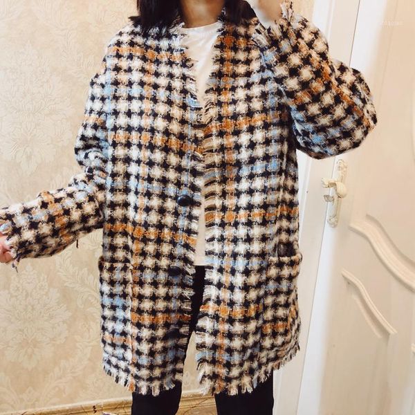 

women's jackets elfstyle 2021 ladies wool blend vintage style plaid tweed jacket outerwear, Black;brown