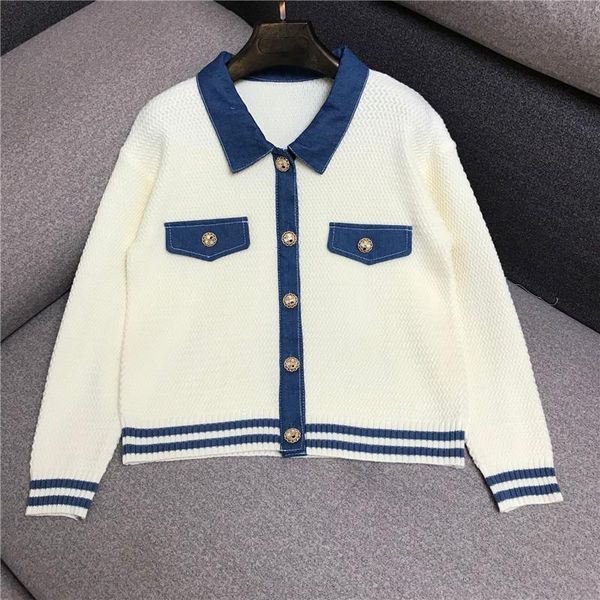 

women's knits & tees luxury designer brand sweater for women vintage turn down collar denim patchwork knitted cardigans clothes, White