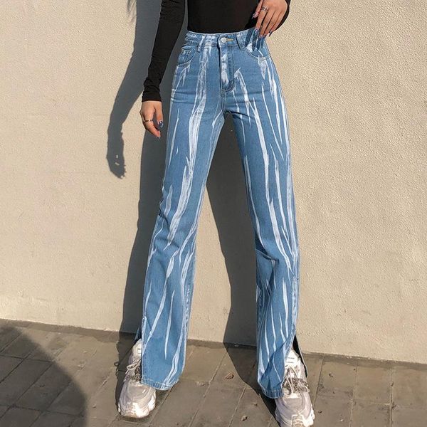 

jean women denim pants streetwear baggy jeans high waist trousers slit graffiti print casual female straigh loose women's, Blue