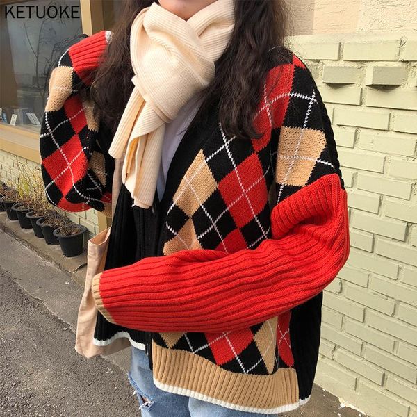 

women's knits & tees warm oversized women knitted cardigan sweater patchwork korean v neck autumn winter plaid pullover 2021, White