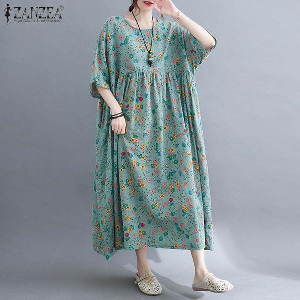 

casual dresses women's printed sundress zanzea 2021 kaftan floral maxi dress summer vestidos female o neck pleated robe oversized 5xl, Black;gray