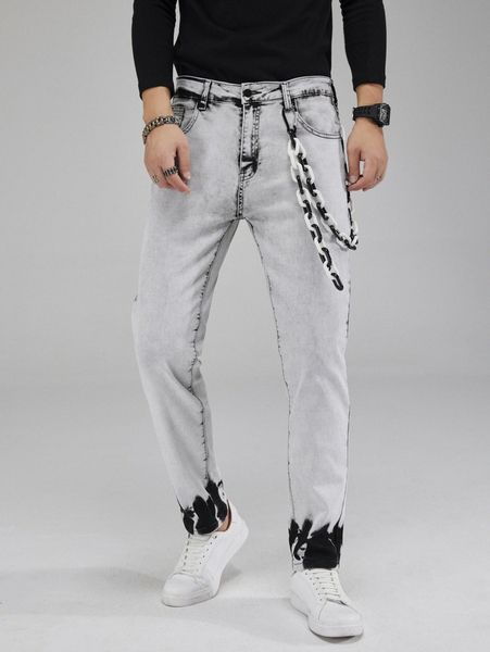 

men slant pocket washed jeans with chain g05q#, Blue