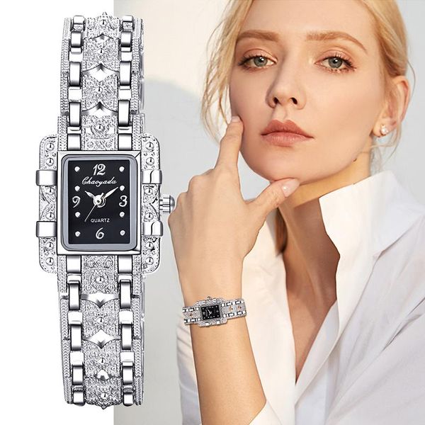 

watch bands feminino retngulo dial prata ao inoxidel relgios de cristal moda quartzo para senhoras grandes relojes, Black;brown