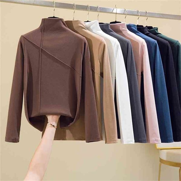 

long sleeve thick t shirt women winter turtleneck warm t-shirt korean cotton tshirt woman tee shirt femme pink blue 210330, White