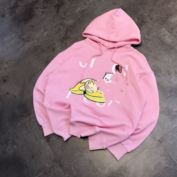 

star's same spring and autumn pink banana cat letter cartoon printed hooded loose couple's sweater, Black