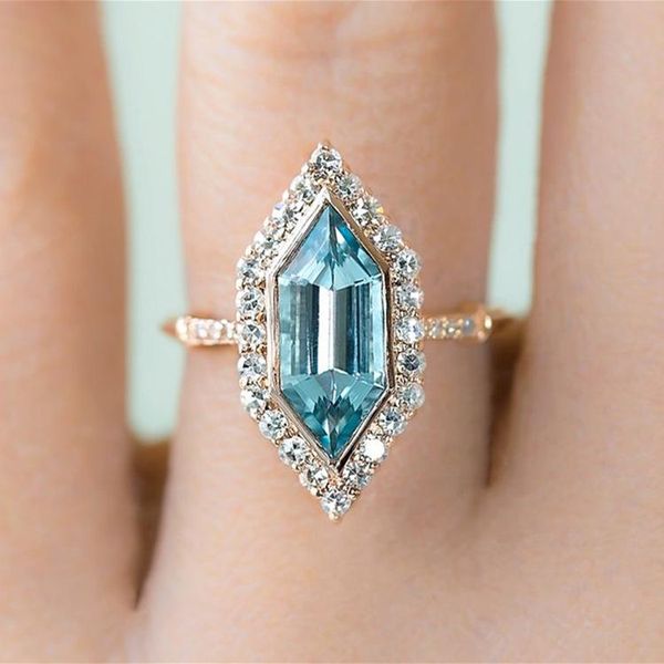 

double fair elegant sea blue crystal stone yellow gold color geometric engagement finger ring for women fashion jewelry kbr327 wedding rings, Slivery;golden