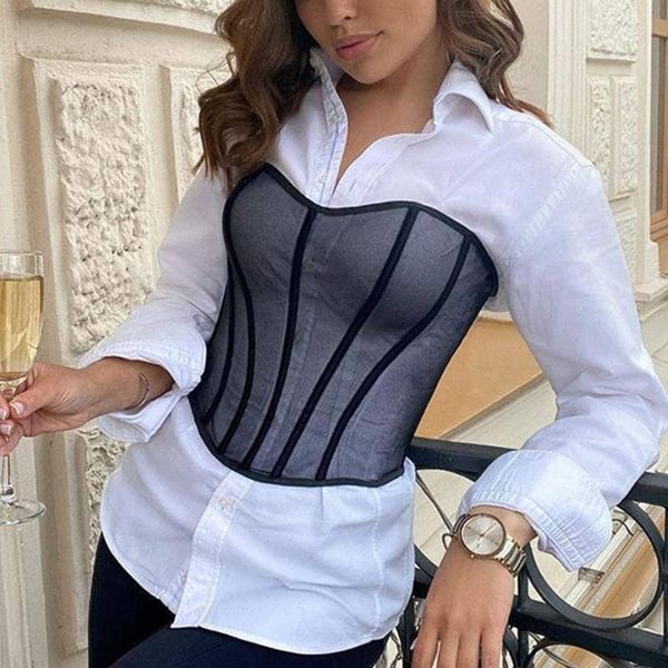 

belts casual black corset women's summer fishbone lace up bustiers curve shaper patchwork t-shirt for streetwear, Black;brown