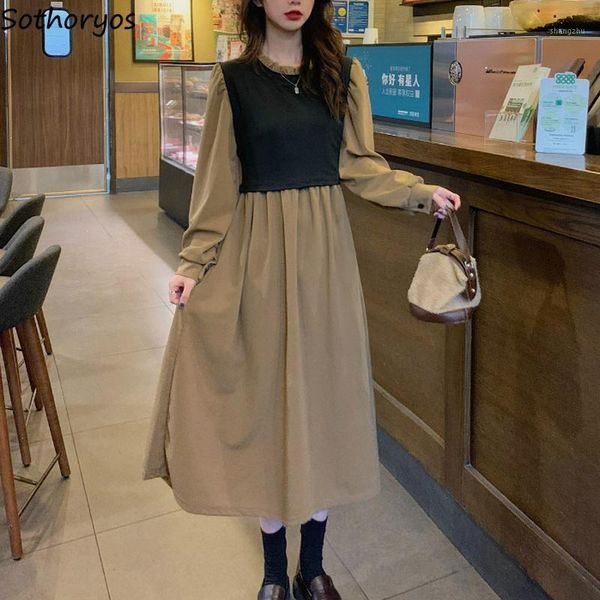 

casual dresses retro long sleeve dress women designed fake two pieces plus size -3xl patchwork vintage lace up mid-calf spring elegant, Black;gray