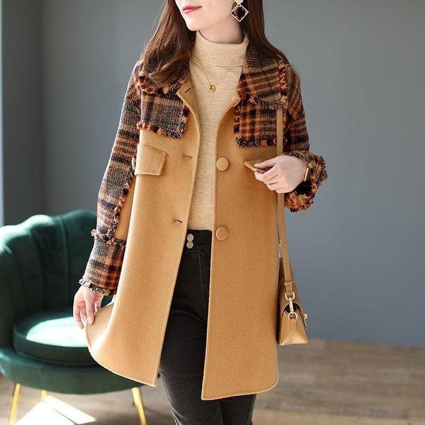 

women's & faux leather autumn winter fashion and elegant temperament age reduction print plaid collar woolen coat women, Black