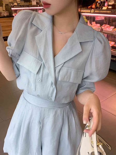 

two piece dress western style age-reducing v-neck shirt temperament suit female high waist wide leg shorts fried street two-piece, White