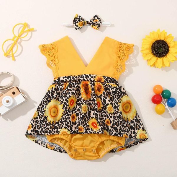 

infant baby girls bodysuit sunflower leopard print lace sleeved v-neck dress headband born girl clothes rompers, Blue