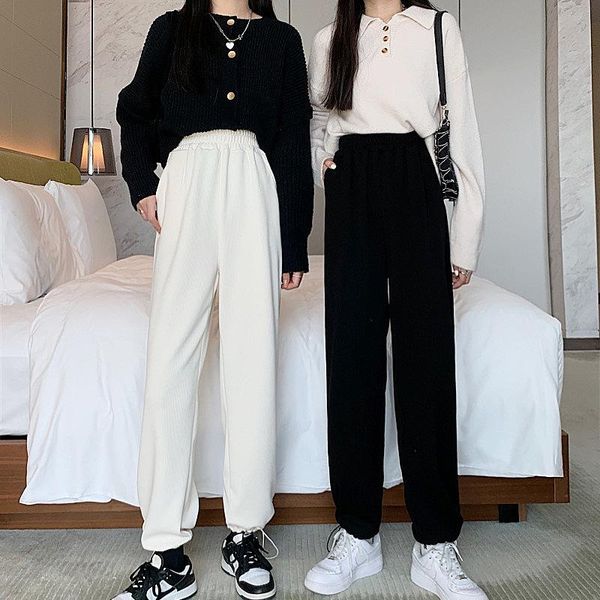 

women's pants & capris autumn/winter style 2021 work clothes casual trousers loose straight leggings plus velvet guard wide-leg, Black;white