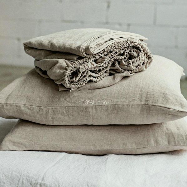 

sheets & sets 100% pure linen fitted bed sheet set 3pcs color gray pink yellow green blue coverlet comfortable home textiles