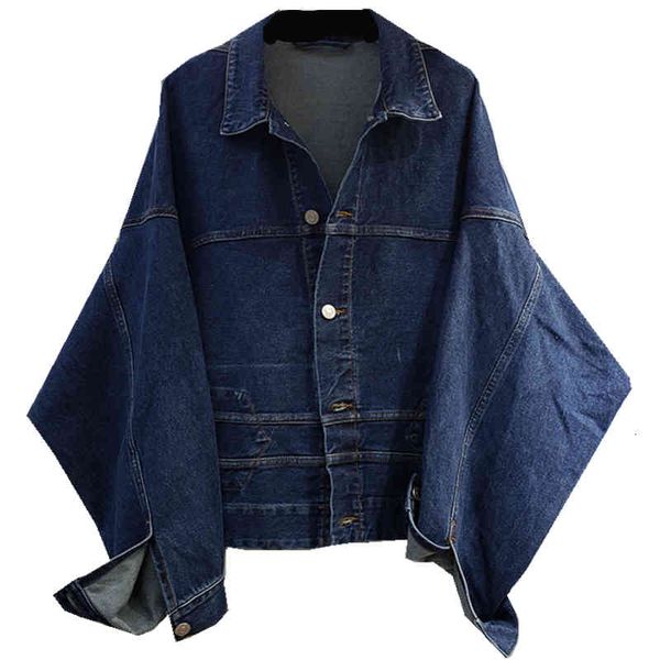 

women's fur & faux spring blue denim jacket women streetwear autumn single-breasted vintage bat sleeve loose jeans coat female out, Black