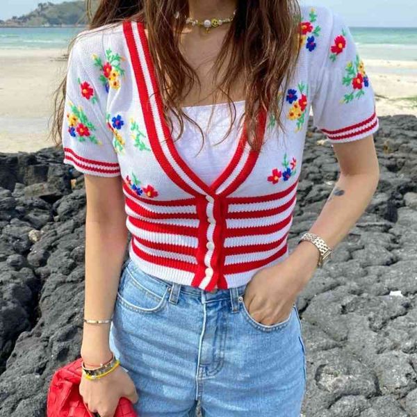 

summer korean floral embroidered knitted cardigans women short sleeve v-neck single-breasted vintage elegant sweaters 210515, White
